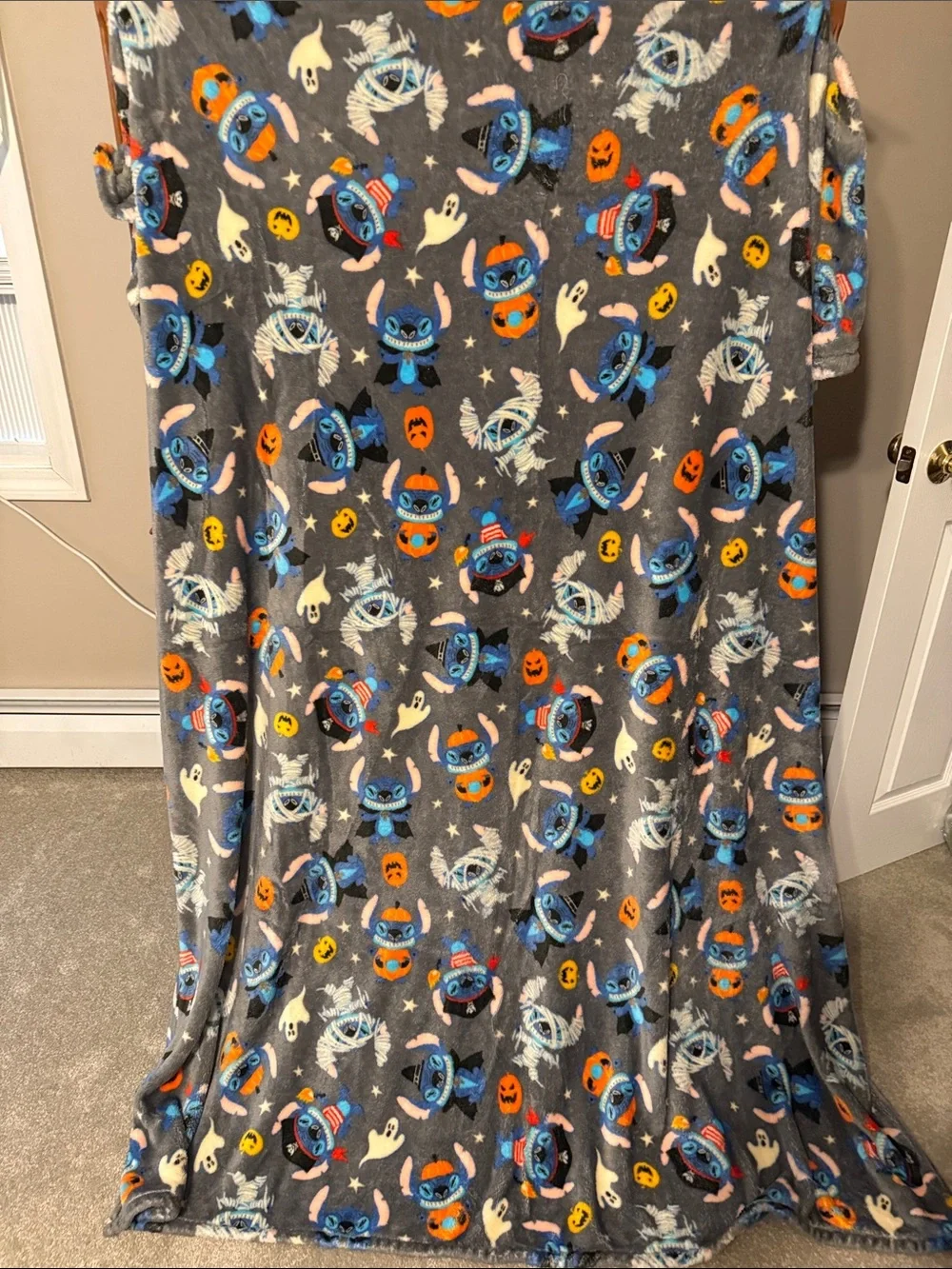 Disney Gray Plush Stitch Halloween Throw Blanket with Blue and Orange Accents